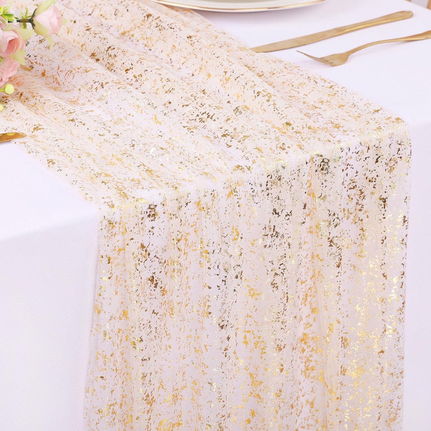 10 Ft Gold Table Runner 120 Inches Lightweight Reusable Cheesecloth Table Runner Suitable for Festivals Weddings Parties Sequin Table Runners or Daily Home Gold Party Decorations.