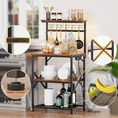 Bakers Rack with Power Outlet and LED Light, Small Microwave Stand with 4 Tier Shelves, Coffee Bar Station Table with 6 S Hooks, Kitchen Storage Rack for Spices, Pots, Rustic Brown