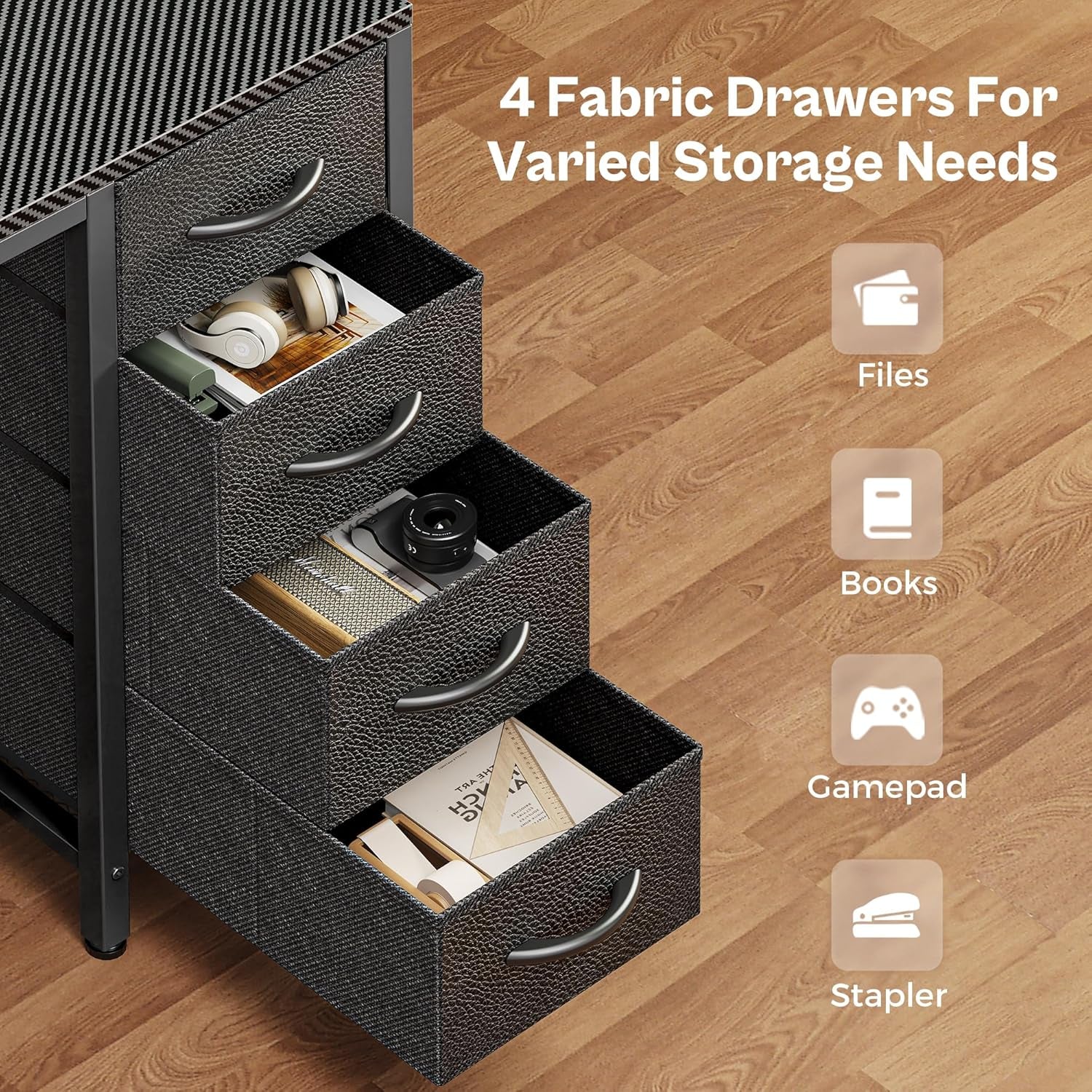 47-Inch Carbon Fibre Black Computer Desk with 4 Drawers, LED Lighting, and Power Outlets - Ideal for Home Office and Gaming with Ample Storage Space