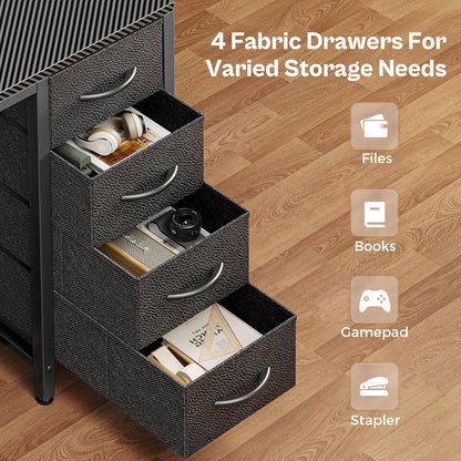 47-Inch Carbon Fibre Black Computer Desk with 4 Drawers, LED Lighting, and Power Outlets - Ideal for Home Office and Gaming with Ample Storage Space