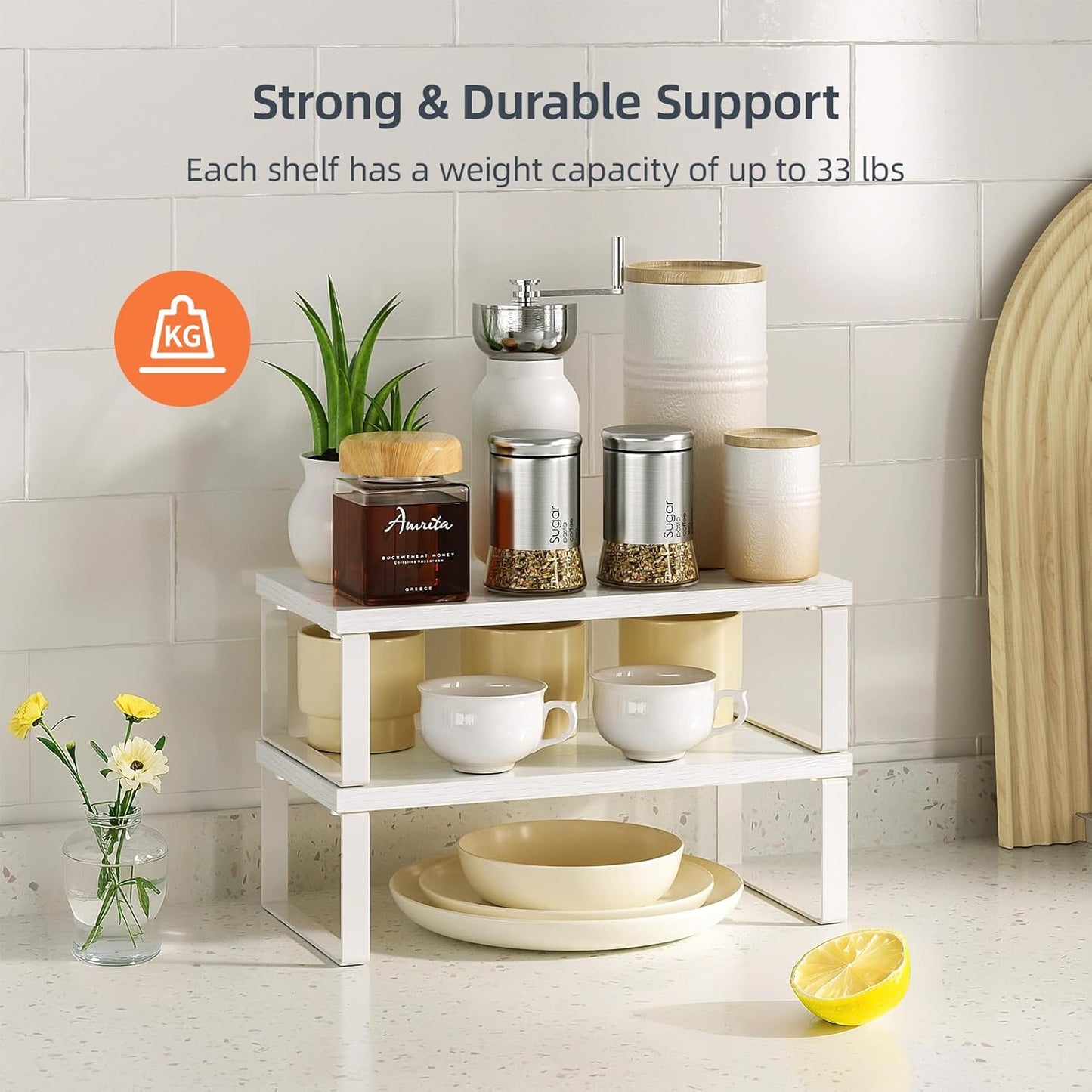 Cabinet Organizer Shelf, Set of 2 Stackable Wooden Spice Racks for Kitchen Counter, Pantry Storage, or Office – Space-Saving Shelves, Side-By-Side & Vertical, White