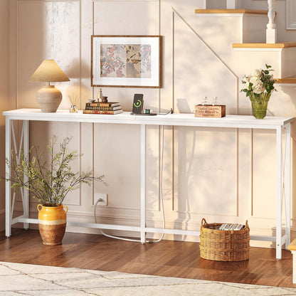 70-Inch Console Table with Outlets and USB-C Port, Extra Long X-Shaped Design for Entryway or Living Room, Narrow Metal Frame with Wooden Top in White
