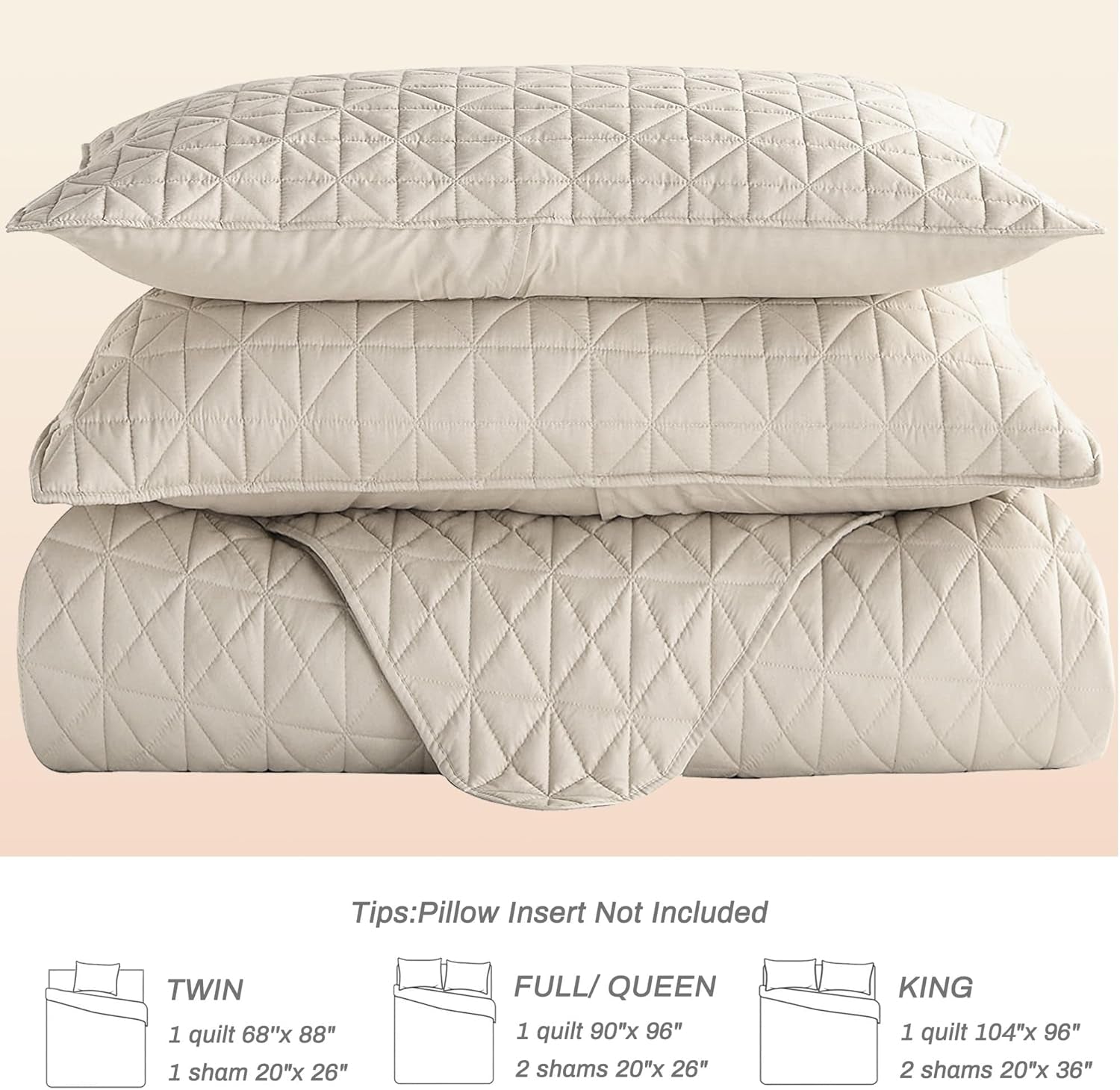 Queen Size Quilted Bedding Set with Stitched Grid Pattern, Lightweight Birch Beige Bedspread and Pillow Shams for All Seasons (Includes 1 Quilt and 2 Pillow Shams)