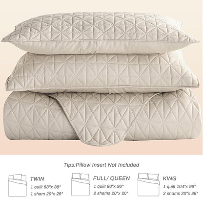 Queen Size Quilted Bedding Set with Stitched Grid Pattern, Lightweight Birch Beige Bedspread and Pillow Shams for All Seasons (Includes 1 Quilt and 2 Pillow Shams)