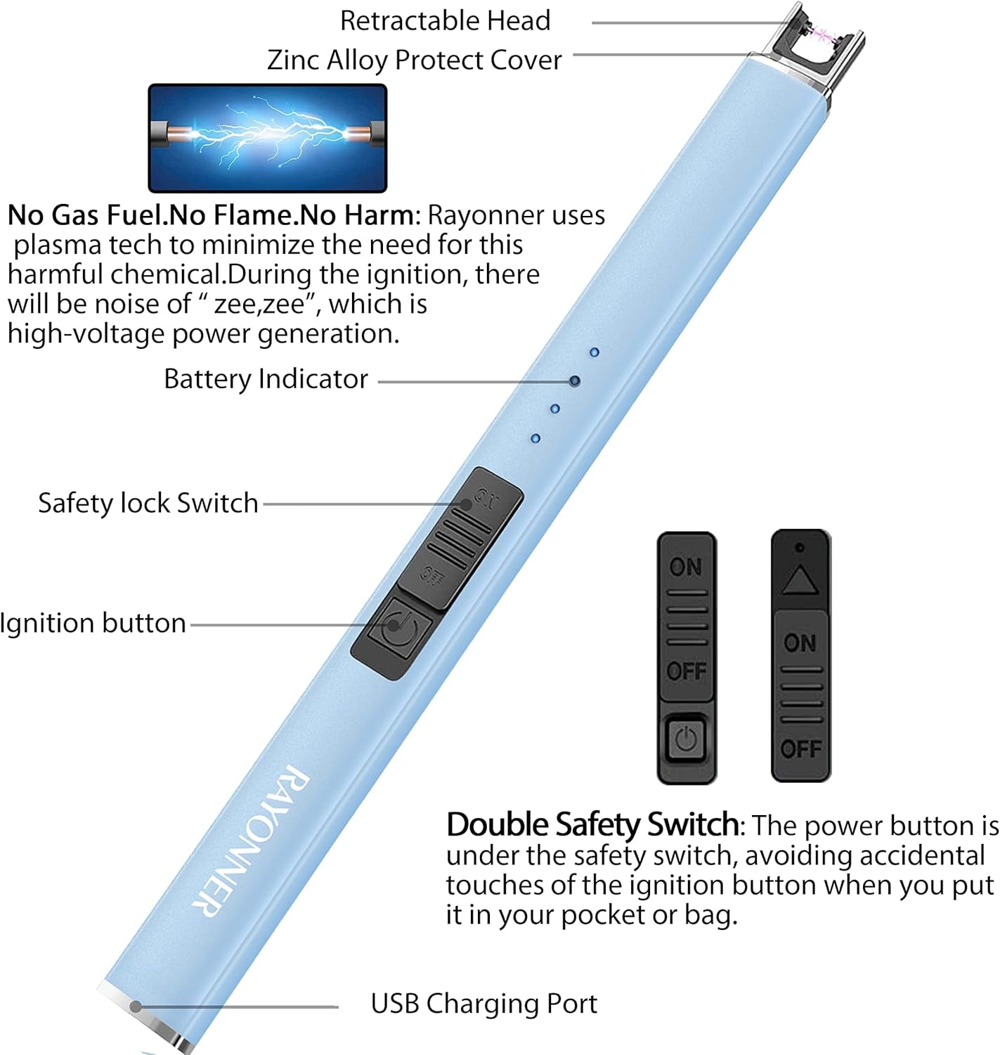 Rechargeable Electric Candle Lighter with Safety Switch - Flameless Plasma USB Lighter