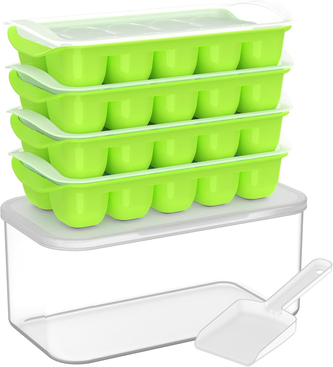 Ice Cube Tray with Lid and Bin, 4 Pack Easy Pop Out Silicone Ices Cubes Trays for Freezer with Cover, Stackable Compact Ice Bucket Kits, for Soup, Food, Cocktail, Coffee