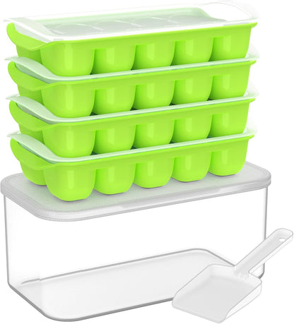 Ice Cube Tray with Lid and Bin, 4 Pack Easy Pop Out Silicone Ices Cubes Trays for Freezer with Cover, Stackable Compact Ice Bucket Kits, for Soup, Food, Cocktail, Coffee