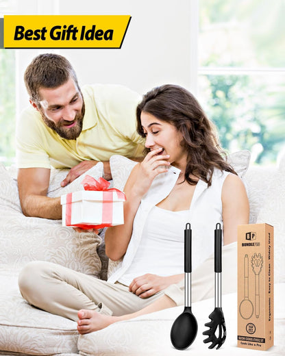 Silicone Pasta Fork and Cooking Spoon Set, Non Stick Kitchen Utensils for Cooking,Stirring,Serving Spaghetti, Soup, Sauce (BLACK)