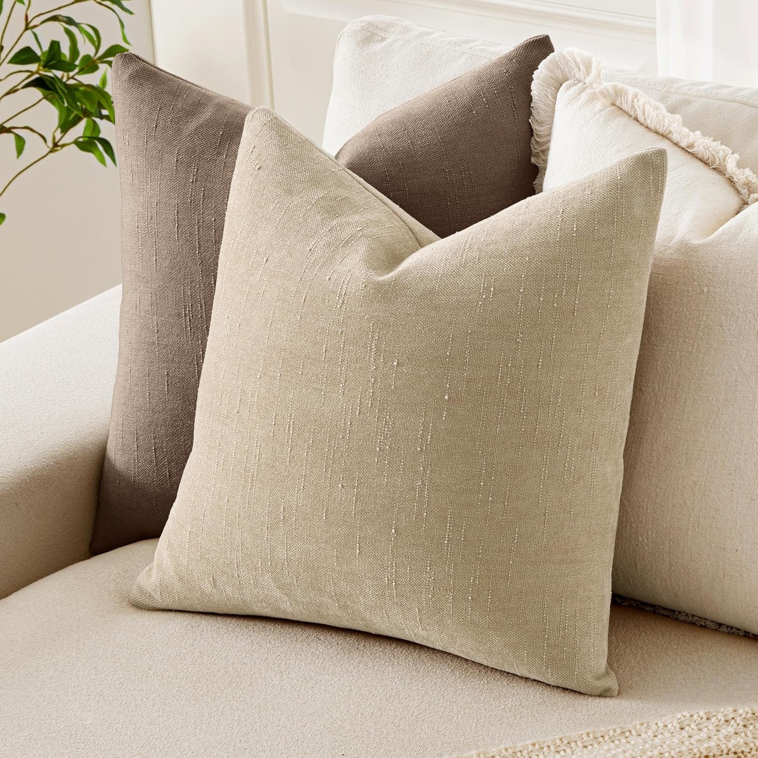 Pack of 2 Decorative Throw Pillow Covers Soft Chenille Throw Pillows Solid Textured Cushion Covers for Couch Sofa Bedroom Living Room 18X18 Inch, Beige