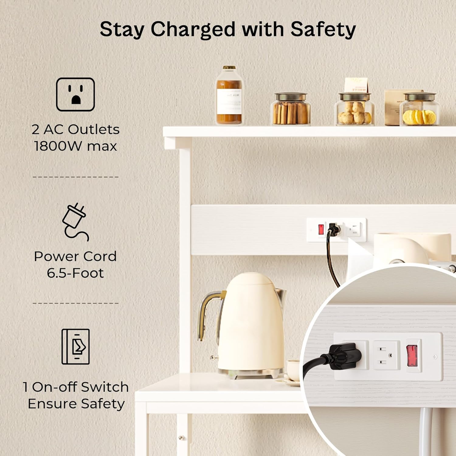 Professional Kitchen Bakers Rack with Power Outlet, 4-Tier Coffee Bar Table, Microwave Stand with 6 S-Shaped Hooks, Storage Shelf for Spices, Pots, and Pans - White