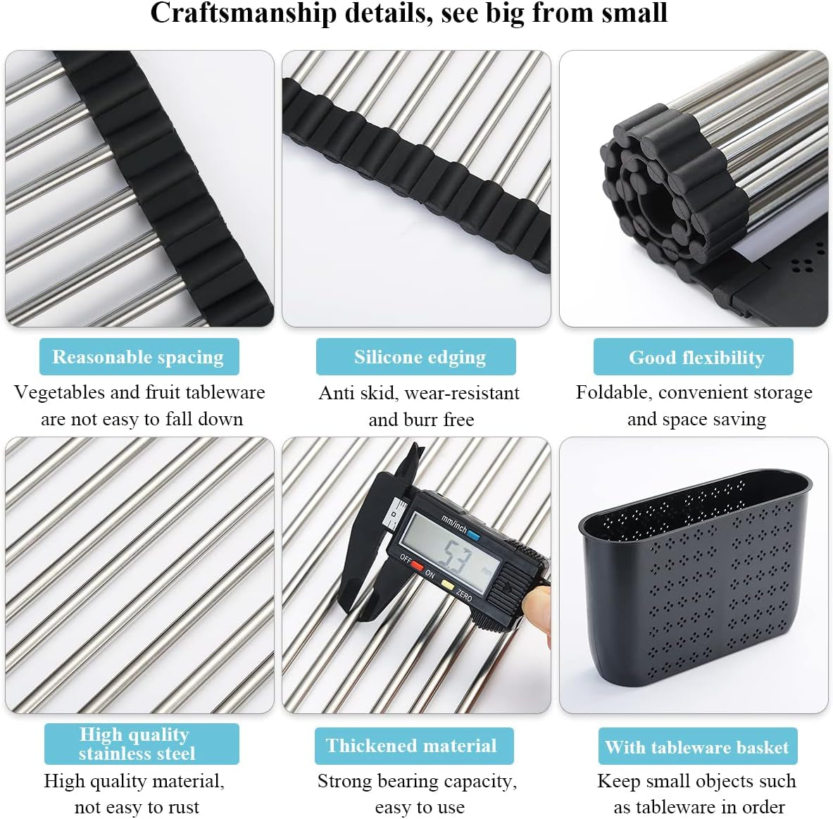 Over-the-Sink Dish Drying Rack, 17.5" x 15" Rollable Stainless Steel with Removable Storage Basket for Kitchen Use