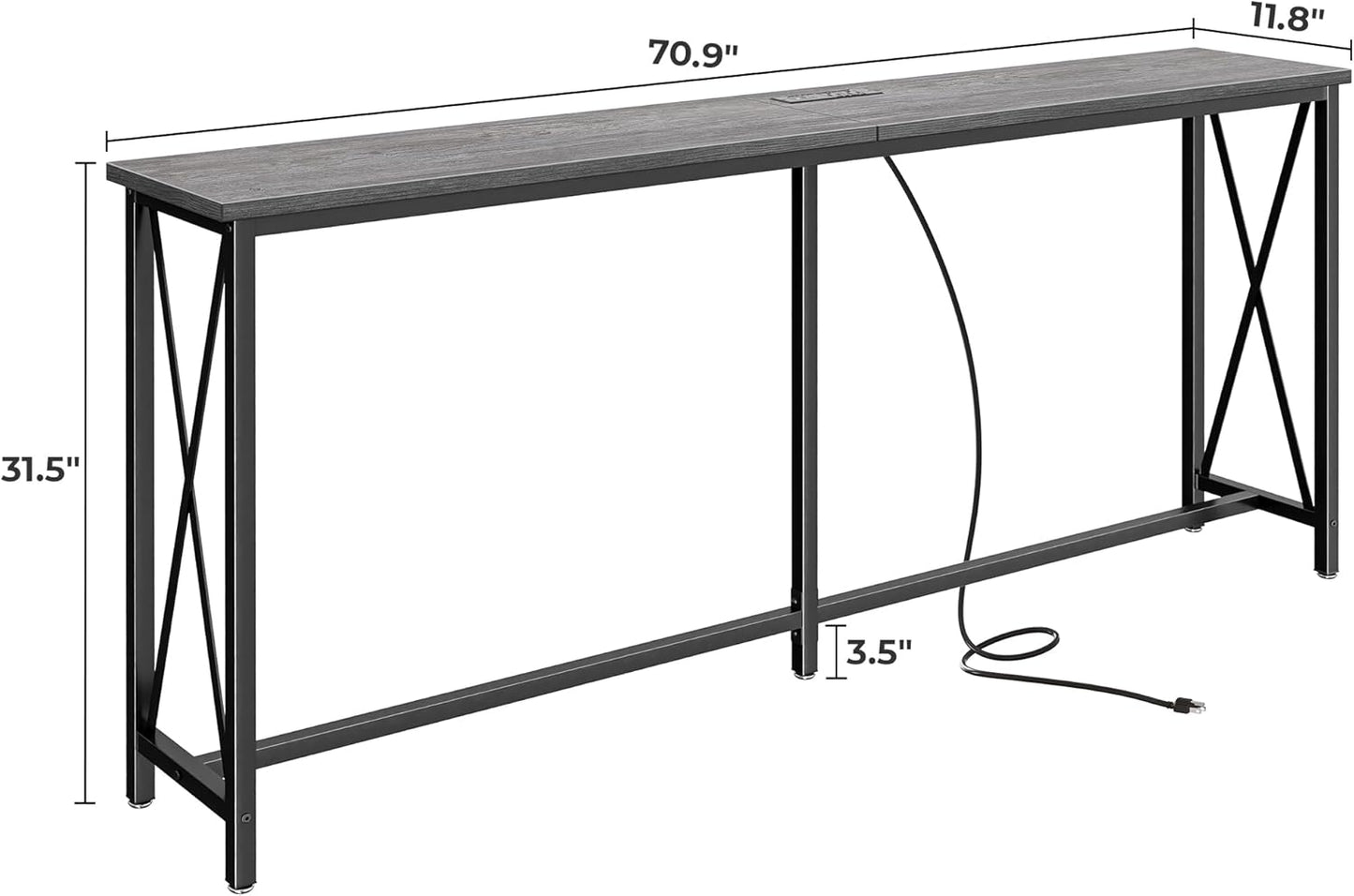 70-Inch Console Table with Integrated Outlets and USB-C Port, Extra Long X-Shaped Design for Entryway and Living Room, Metal Frame with Wooden Top, Grey Finish