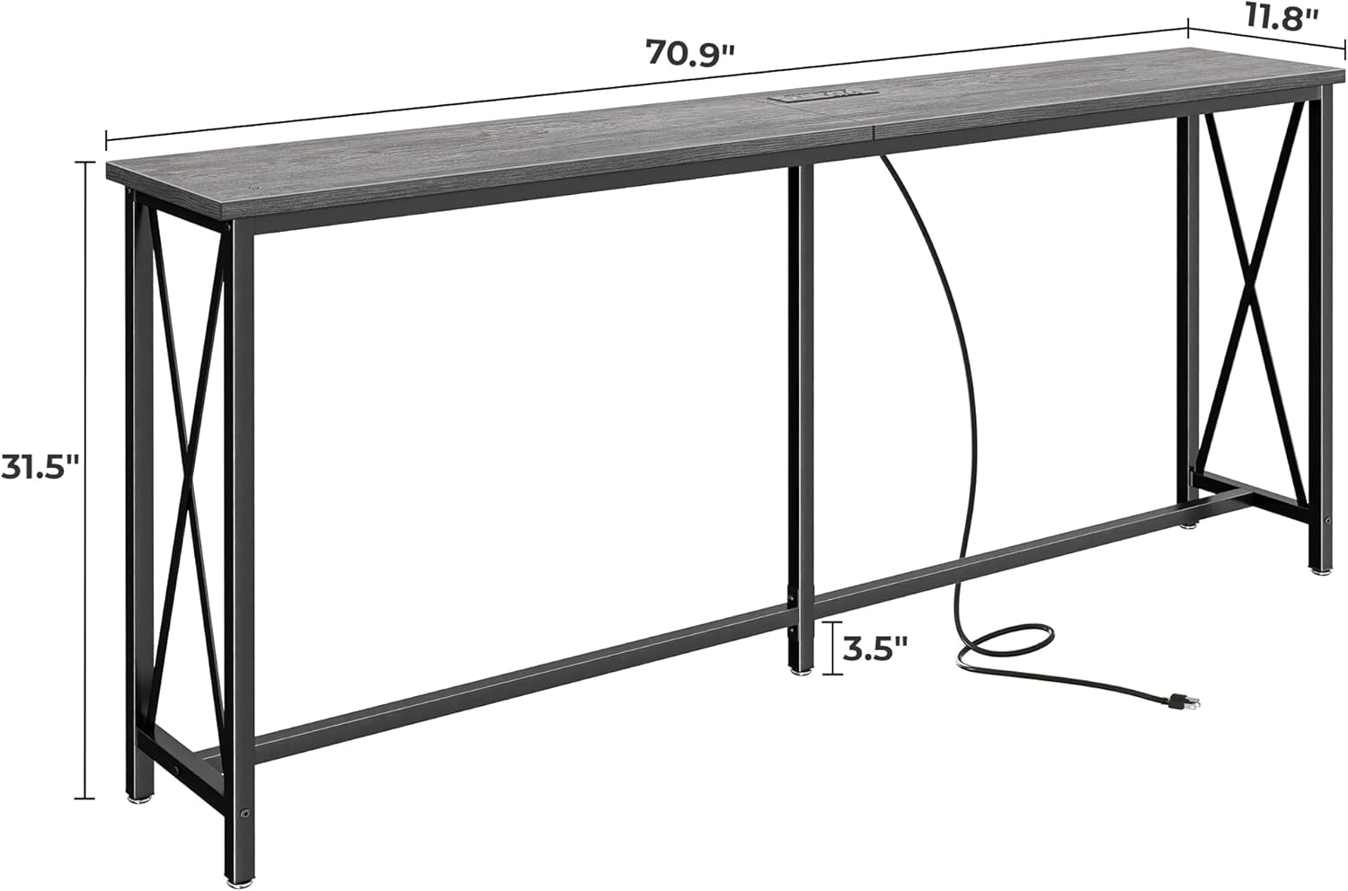 70-Inch Console Table with Integrated Outlets and USB-C Port, Extra Long X-Shaped Design for Entryway and Living Room, Metal Frame with Wooden Top, Grey Finish