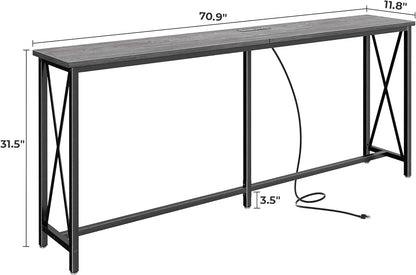 70-Inch Console Table with Integrated Outlets and USB-C Port, Extra Long X-Shaped Design for Entryway and Living Room, Metal Frame with Wooden Top, Grey Finish
