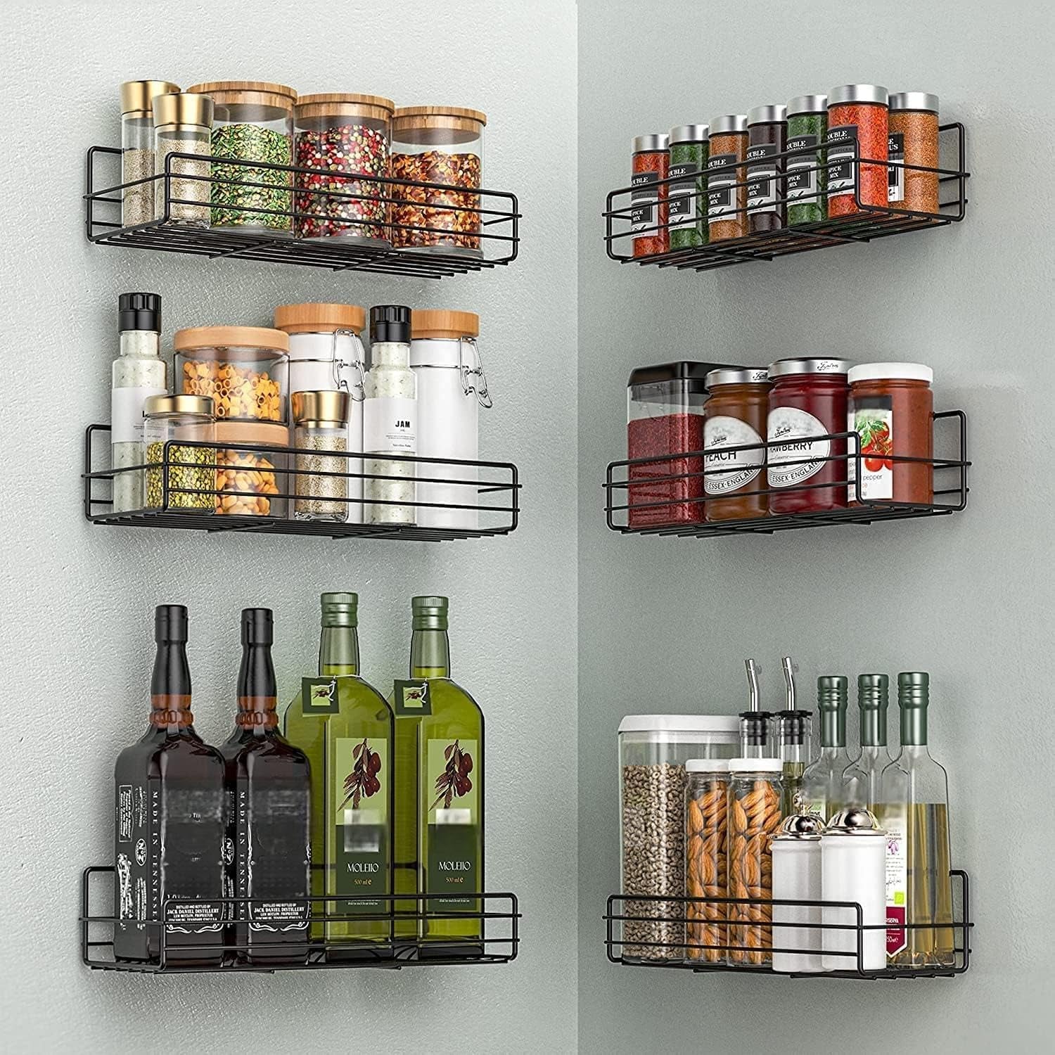 Spice Rack Organizer Wall Mount (6Pack), Hanging Black Spice Pantry Organization Storage Shelf, Farmhouse Seasoning Organizer, Flexible Wall Shelves, Kitchen Essentials Home Decor
