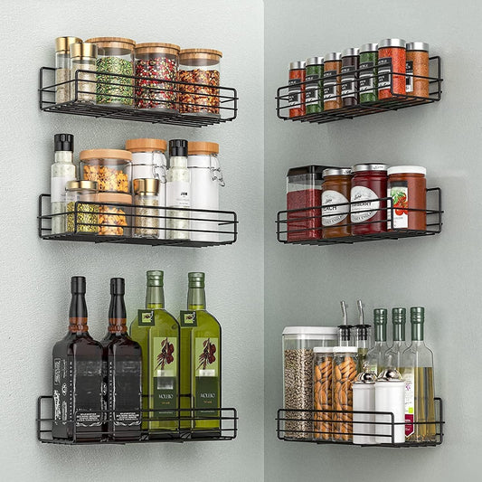 Spice Rack Organizer Wall Mount (6Pack), Hanging Black Spice Pantry Organization Storage Shelf, Farmhouse Seasoning Organizer, Flexible Wall Shelves, Kitchen Essentials Home Decor