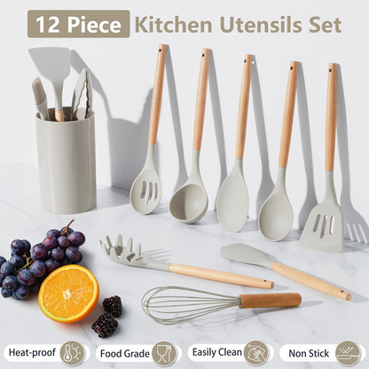 Silicone Cooking Utensils Set, 12PCS Kitchen Utensils Set with Wooden Handle for Nonstick Cookware, Ladle, Spoon, Spatula, Tong, Heat-Resistant & Non-Scratch, Non Smell & Healthy, Khaki