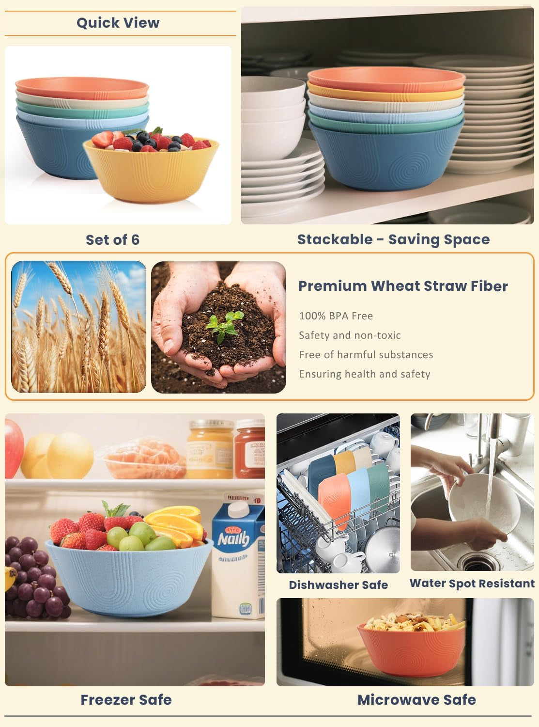 Wheat Straw Bowl Set of 6 - 36oz Textured Cereal and Soup Bowls, Microwave and Dishwasher Safe, Eco-Friendly Alternative for Serving Ramen, Salad, and More