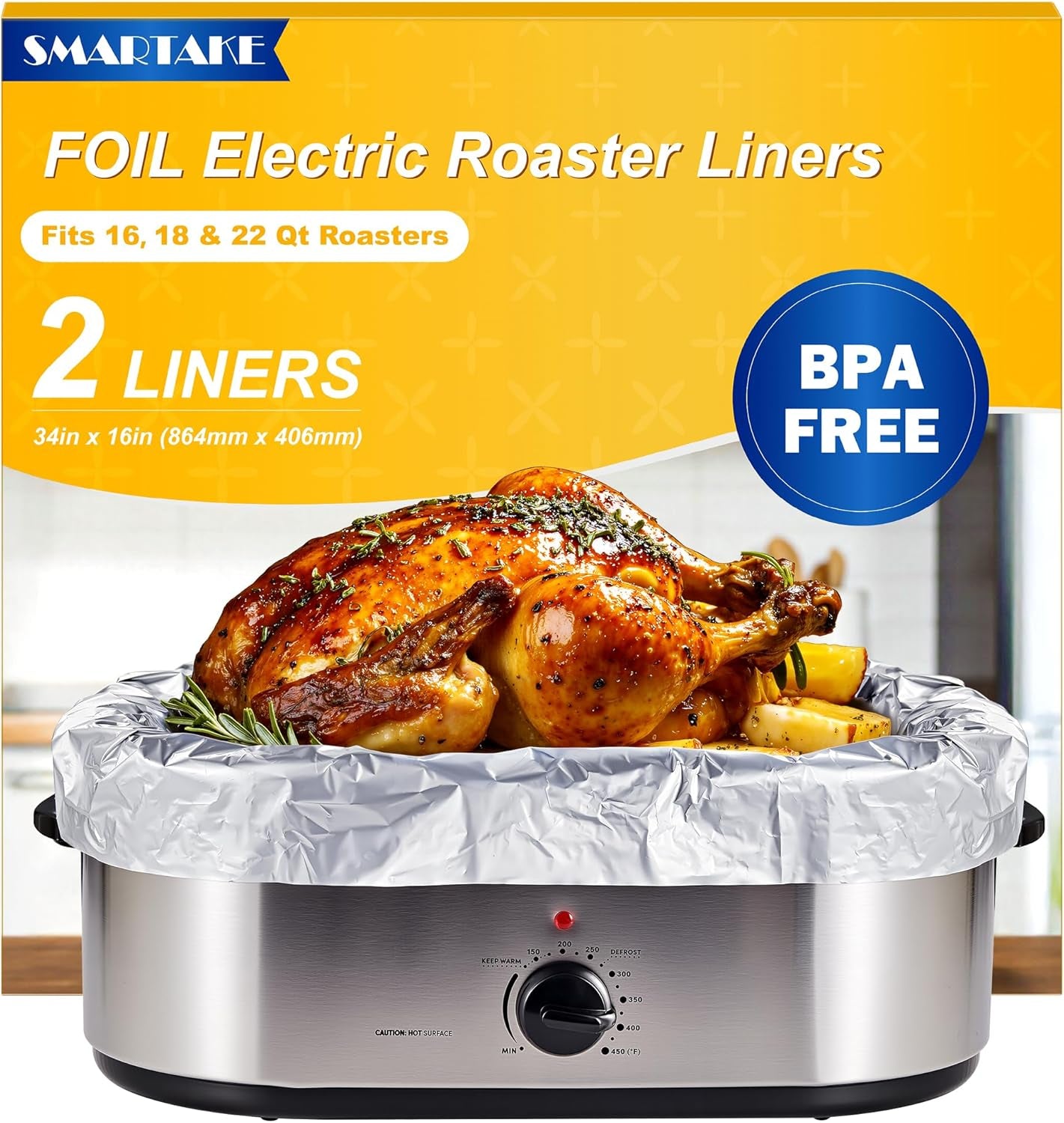 Foil Electric Roaster Liners, 2-Count Disposable Turkey Oven Cooking Bags, Fits 16, 18, 22 Quart Roaster Pan, Instant Cleanup for Thanksgiving Christmas, 16 X 34 Inch