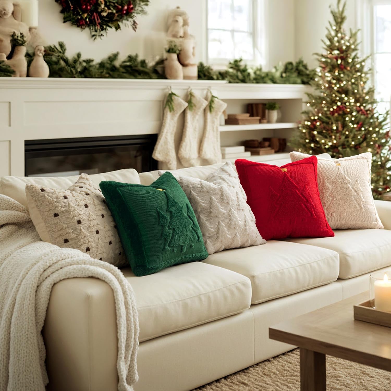 Christmas Trees Pillow Covers Set of 2 Decorative Soft Throw Pillows Plush Faux Fur Wool Embroidered Couch Cushion for Holiday Winter Home Decor Chair Sofa Bedroom Living Room,Green 18X18Inch