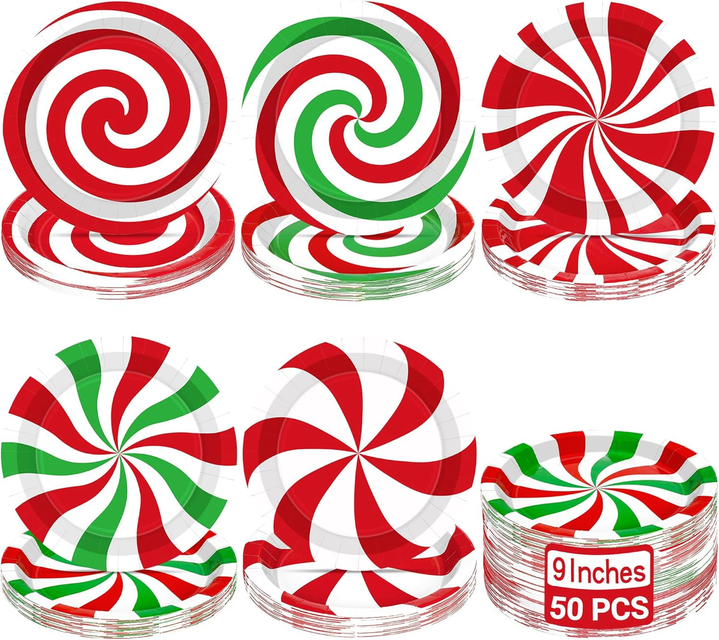 50 PCS Christmas Paper Plates, 9" Christmas Plates Disposable Party Set, 6 Designs Red White Green Candy Design Xmas Dinnerware, Xmas Tableware for Winter Ugly Sweater Party