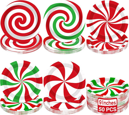 50 PCS Christmas Paper Plates, 9" Christmas Plates Disposable Party Set, 6 Designs Red White Green Candy Design Xmas Dinnerware, Xmas Tableware for Winter Ugly Sweater Party