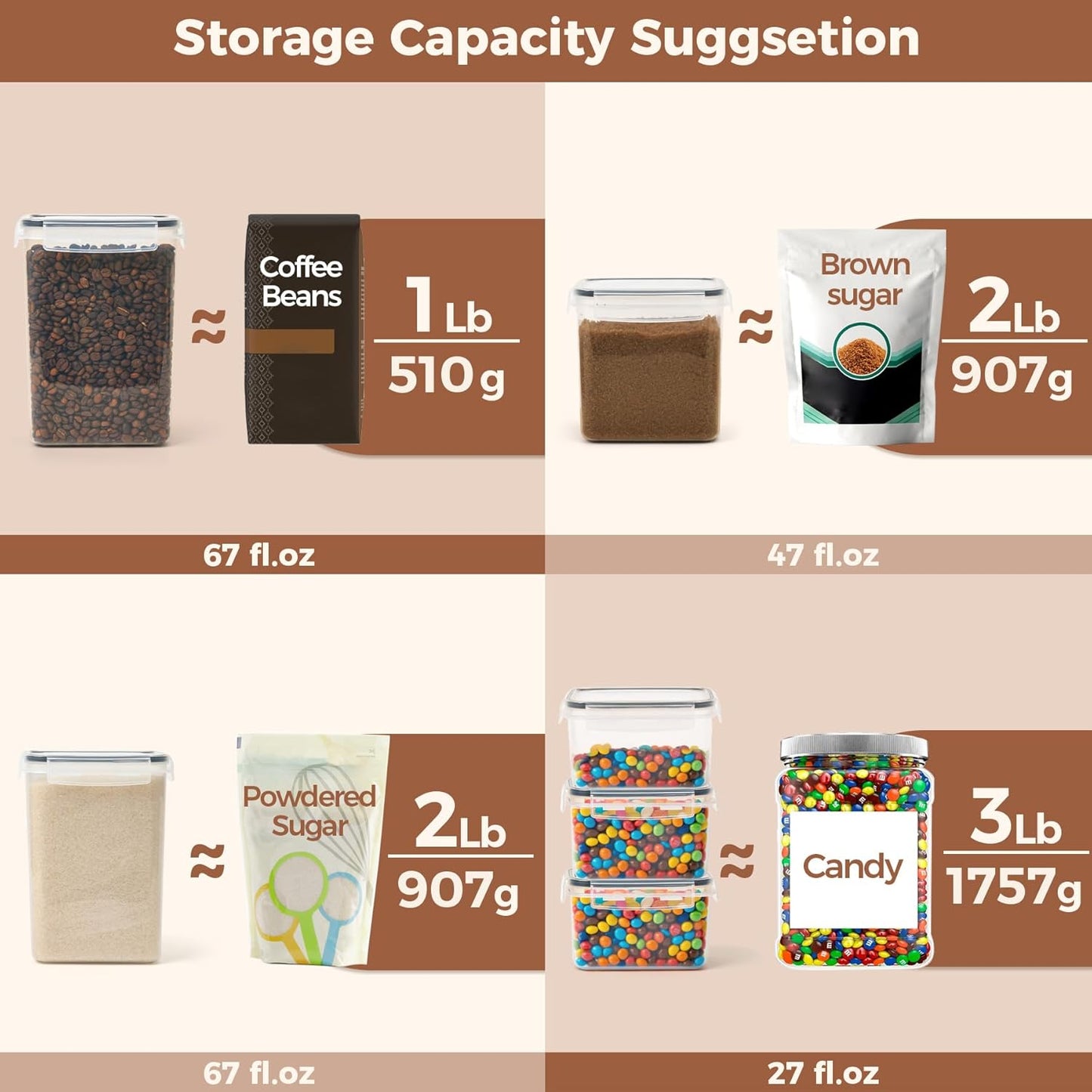 Food Storage Containers with Lids Set of 3 (2L/2.1Qt) (1.4L/1.5Qt) (0.8L/0.8Qt), Airtight Food Storage Container, Plastic Canister Sets for Kitchen, Pantry Organizer for Sugar, Cereal and Snack