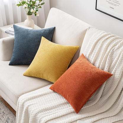 Set of 2 Blue Chenille Decorative Pillow Covers 20x20 Inches - Soft Farmhouse Cushion Covers for Sofa, Bedroom, and Living Room Decor