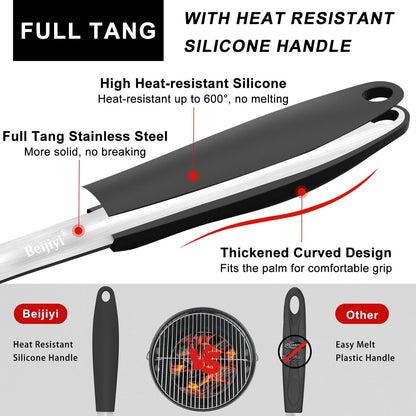 2-Piece Heavy Duty BBQ Grill Tools Set, Professional Stainless Steel Grilling Spatula & Fork with Full Tang Silicone Handle, Outdoor Grill Accessories for Barbecue Cooking