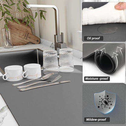 Dish Drying Mat for Kitchen Counter, Heat Resistant Drainer Mats with Non-Slip Rubber Backed, Hide Stain Kitchen Super Absorbent Draining Mat, Easy to Clean Dish Rack Pad, Dark Grey 16"X18"