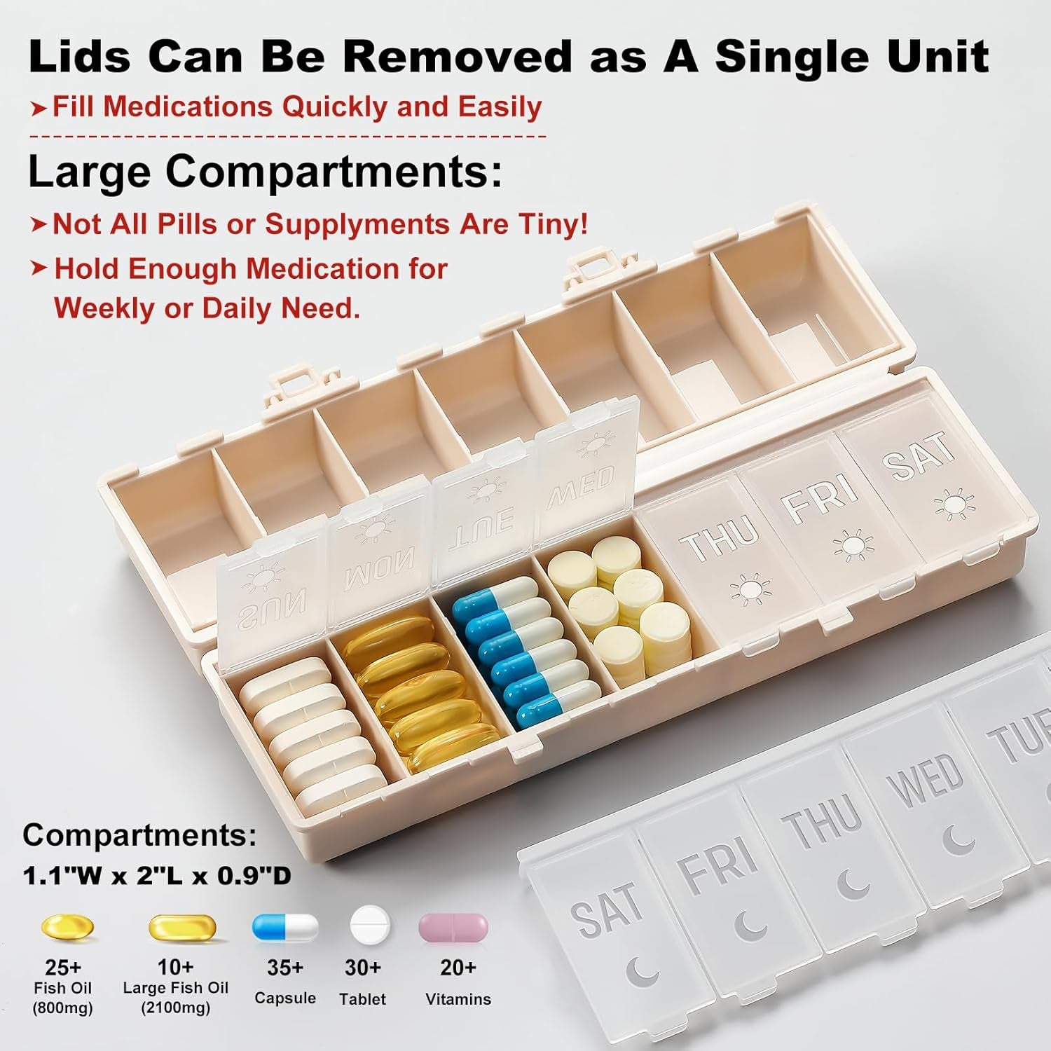 Foldable Pill Organizer 2 Times a Day W/Etched Labels -Dual Protection & Portable Weekly AM PM Pill Box, 7 Day Medicine Container, Large Travel Pill Case for Week Daily Supplement Vitamin - Khaki