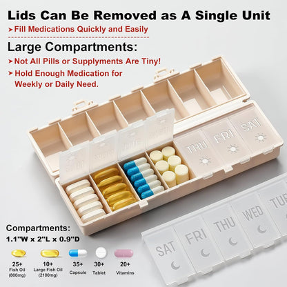 Foldable Pill Organizer 2 Times a Day W/Etched Labels -Dual Protection & Portable Weekly AM PM Pill Box, 7 Day Medicine Container, Large Travel Pill Case for Week Daily Supplement Vitamin - Khaki