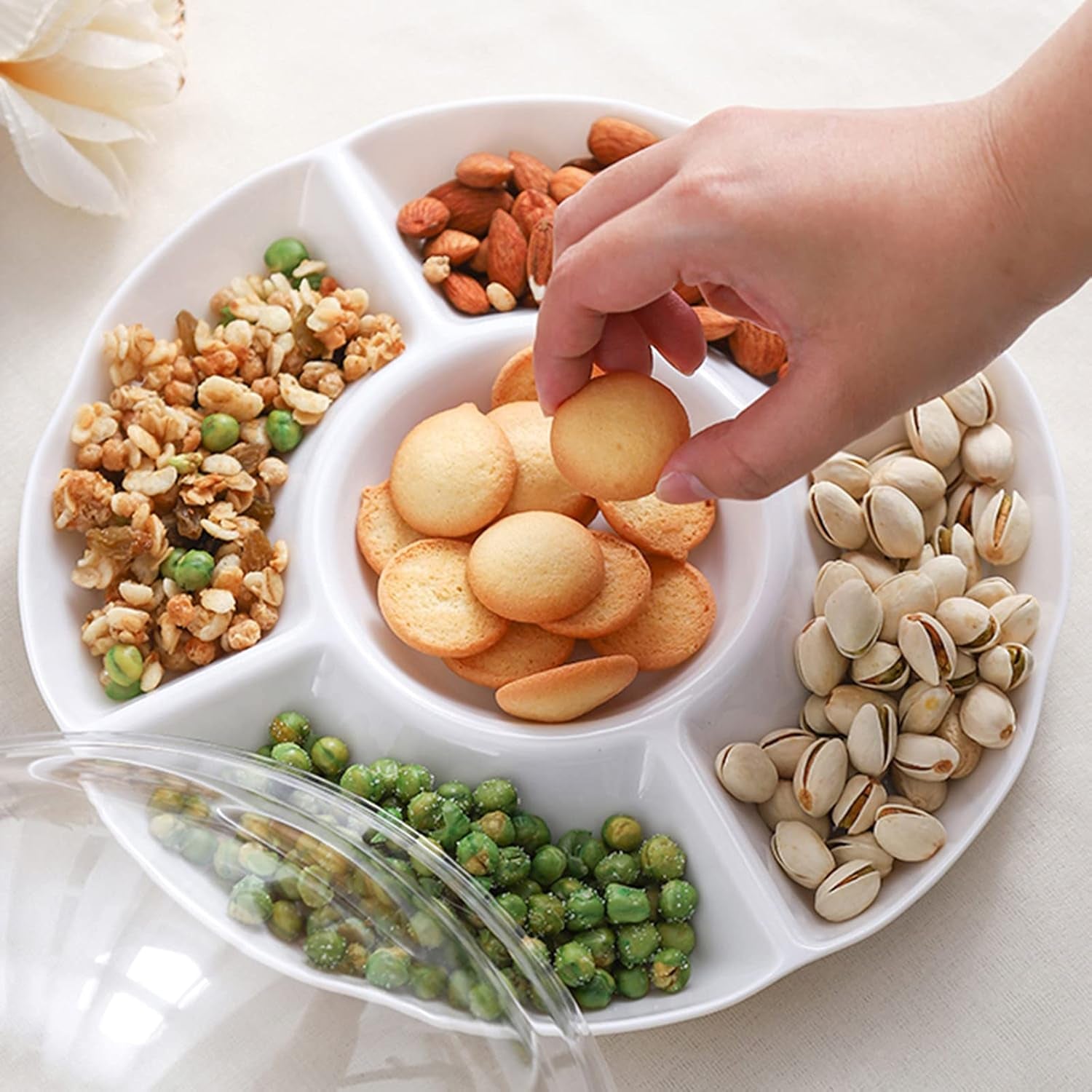 Set of 2Pcs 10 Inch Melamine Serving Tray with 5 Compartments, Divided Serving Platter for Appetizer, Snack, Veggie, Fruits (White)