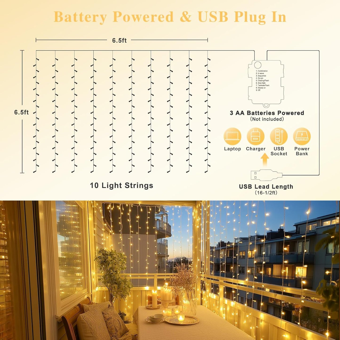 200 LED Curtain Lights Battery Operated & USB Plug In, 8 Modes Hanging String Lights Indoor with Remote, Warm White Twinkle Curtain Lights for Bedroom Backdrop Classroom Wedding Party Decor
