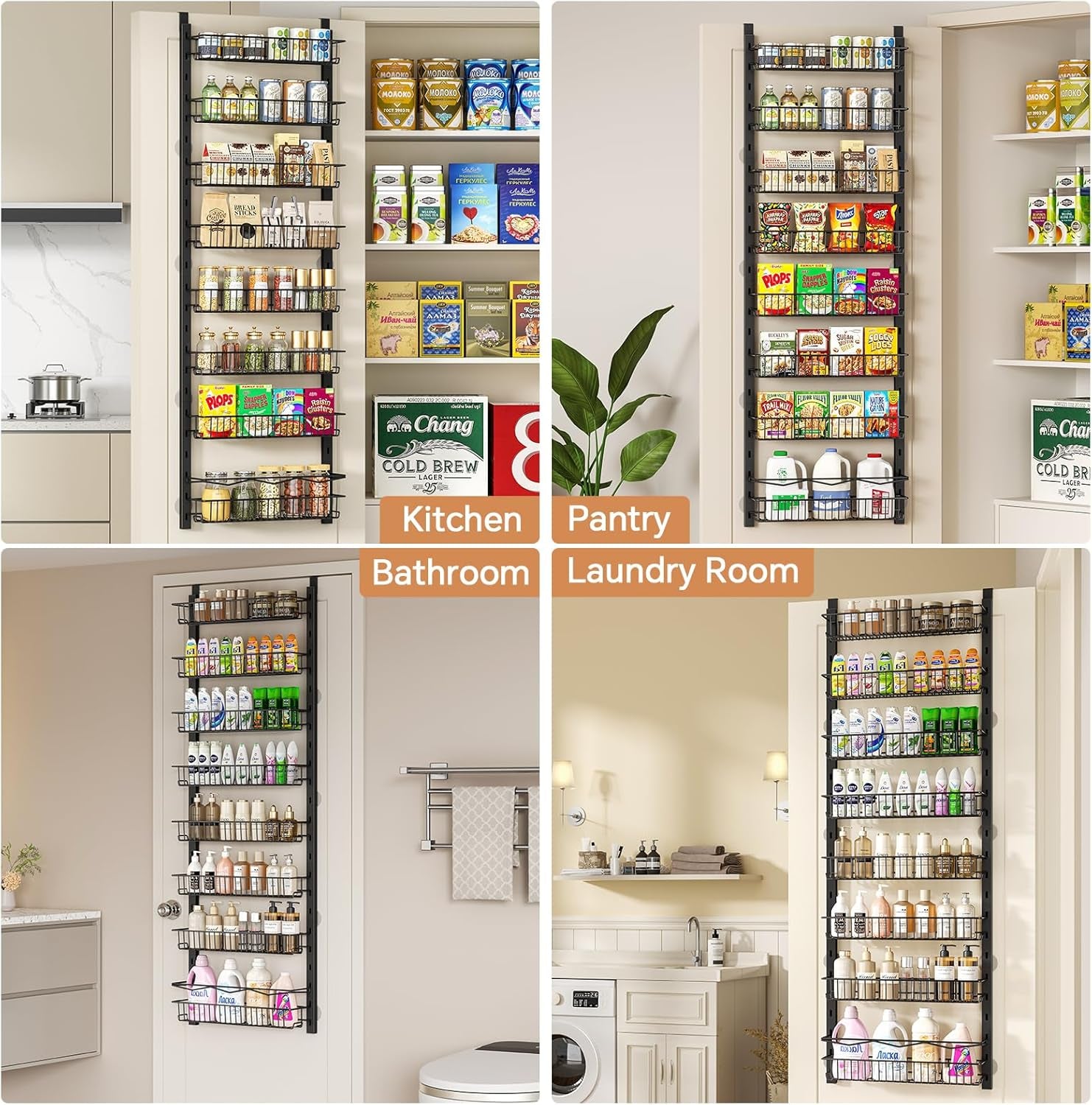 over the Door Pantry Organizer, 8-Tier Adjustable Spice Rack Cabinet Door Shelves, Hanging Seasoning Organizer for Kitchen Bathroom, Laundry Room Organization, Black