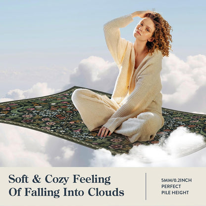 Floral 5X7 Washable Living Room Rugs, Green Area Rugs for Bedroom Rubber Backed, Botanical Thin Stain-Resistant Carpet for Dining Room, Guestroom, Kids Room