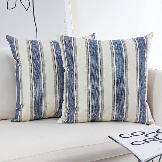 Stripe Throw Pillow Covers Farmhouse Pillowcases Pack of 2 18 X 18 Inch Blue
