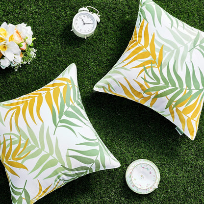 Pack of 2 Decorative Outdoor Waterproof Throw Pillow Covers Patio Pillow Cases Natural Leaves Pattern Spring Square Cushion Shams Shell for Garden Balcony Couch 16X16 Inch, Green&Yellow
