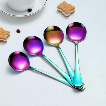 Set of 4 Rainbow Soup Spoons, 7.5" Stainless Steel with Titanium Plating, Multicolor Round Design, Easy to Clean and Dishwasher Safe