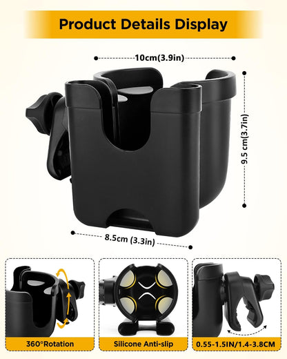 Universal Stroller Cup Holder with Mobile Phone Case, 2-In-1 Strollers Storage Rack, 360 Degrees Rotation Drink Holder for Bike, Pushchair, Wheelchair, Walker,Bicycle, Fits Most Cups