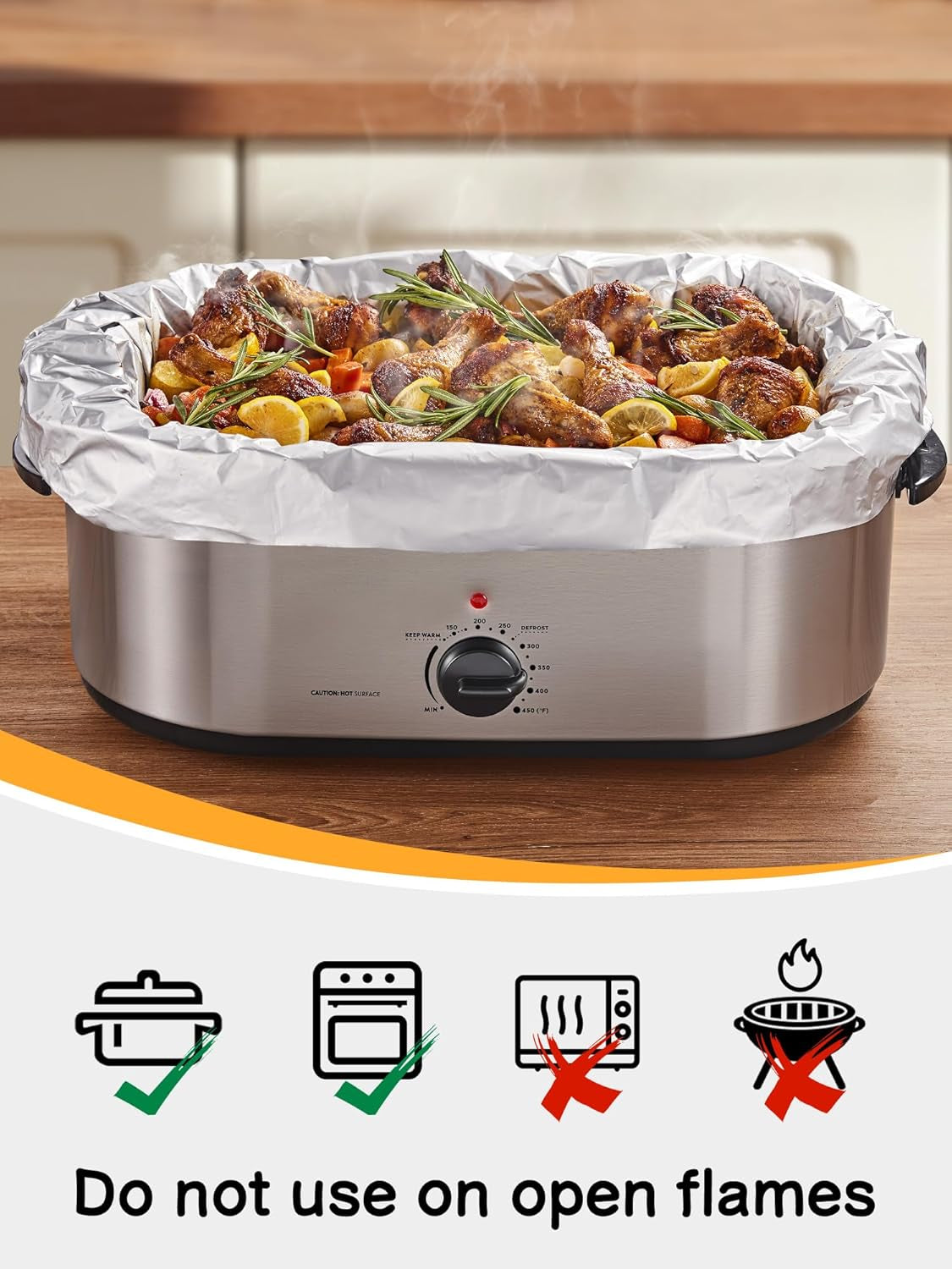 Foil Electric Roaster Liners, 2-Count Disposable Turkey Oven Cooking Bags, Fits 16, 18, 22 Quart Roaster Pan, Instant Cleanup for Thanksgiving Christmas, 16 X 34 Inch