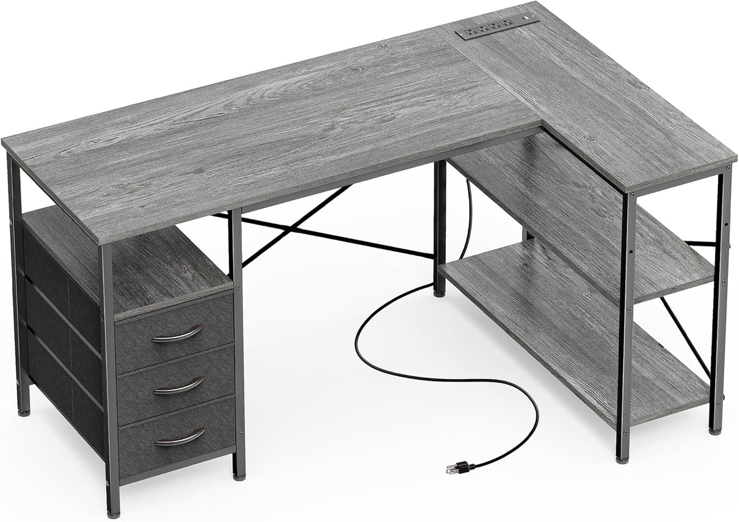 L-Shaped Office Desk with Power Outlets, 47-Inch Computer Desk Featuring 3 Drawers and Shelves for Gaming, Home Office, and Study - Grey