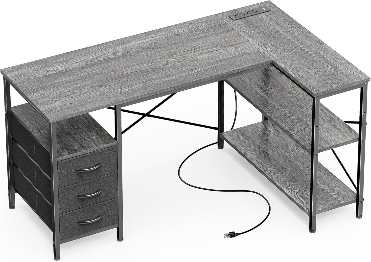 L-Shaped Office Desk with Power Outlets, 47-Inch Computer Desk Featuring 3 Drawers and Shelves for Gaming, Home Office, and Study - Grey
