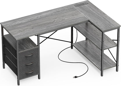 L-Shaped Office Desk with Power Outlets, 47-Inch Computer Desk Featuring 3 Drawers and Shelves for Gaming, Home Office, and Study - Grey