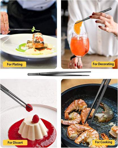 4 Pcs Fine Long Tweezer Tongs Professional Black, 12'' and 10'' Stainless Steel for Kitchen, Food, Cooking, Repairing, Sea Food and BBQ