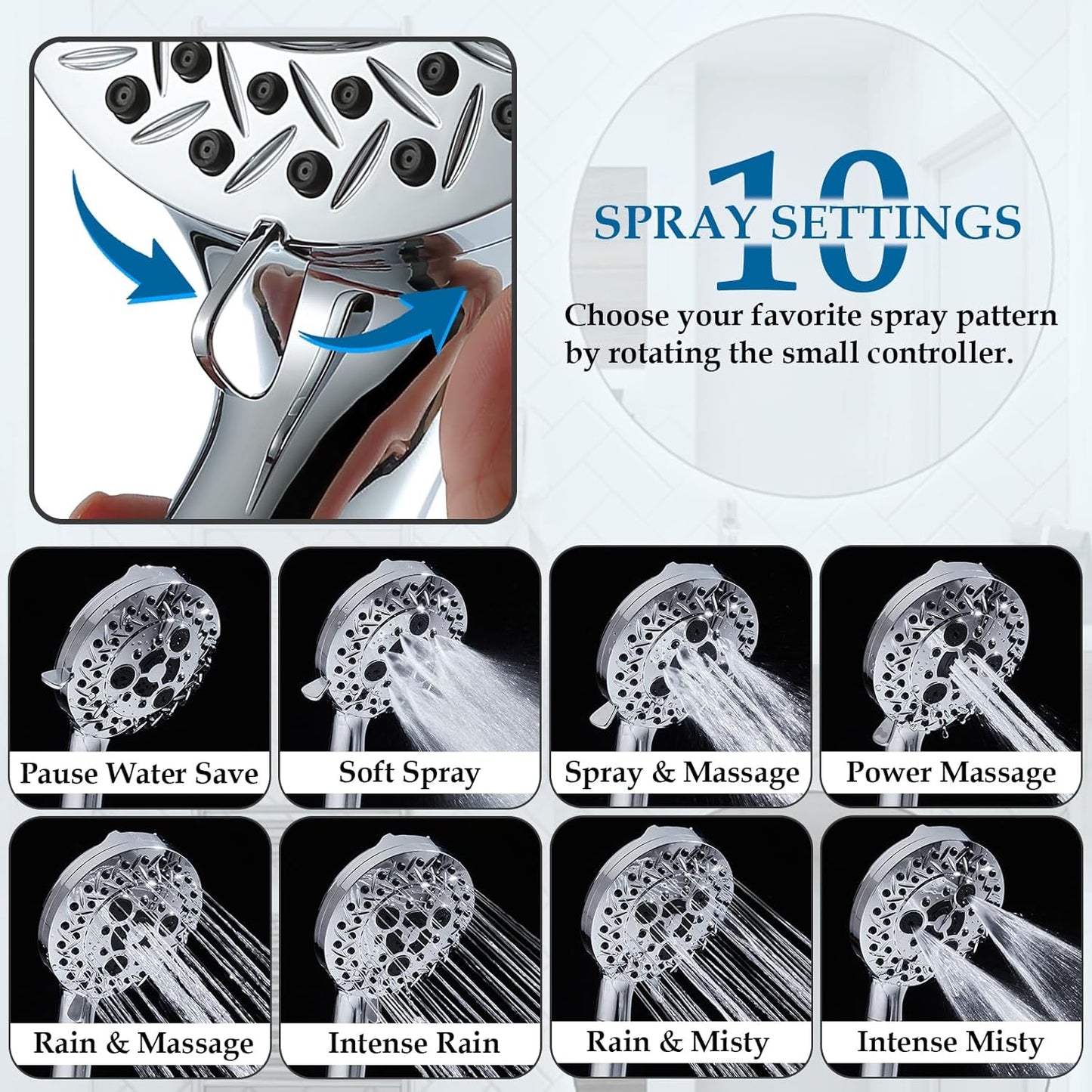 10 Settings Shower Head with Handheld, 5" High Pressure Showerhead Include 2 Powerful Wash Modes for Cleaning Bathroom, Hand Held Shower Head Set with Stainless Steel Hose Filter for Hard Water