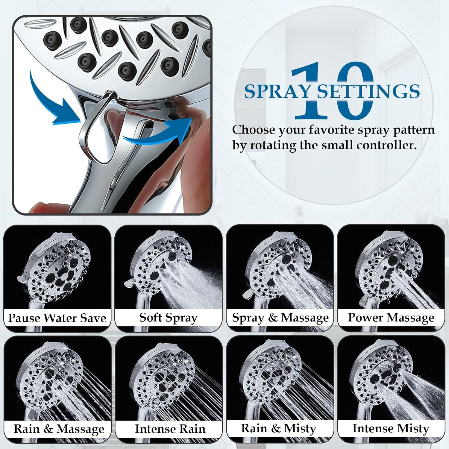 10 Settings Shower Head with Handheld, 5" High Pressure Showerhead Include 2 Powerful Wash Modes for Cleaning Bathroom, Hand Held Shower Head Set with Stainless Steel Hose Filter for Hard Water