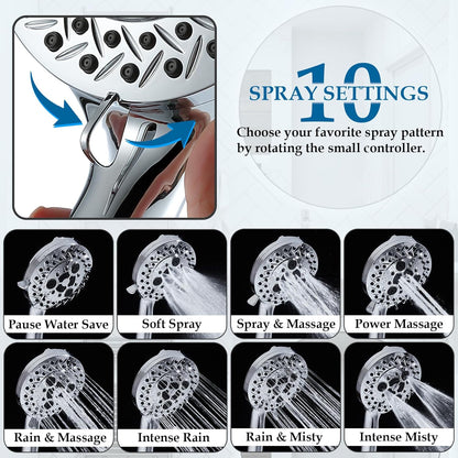 10 Settings Shower Head with Handheld, 5" High Pressure Showerhead Include 2 Powerful Wash Modes for Cleaning Bathroom, Hand Held Shower Head Set with Stainless Steel Hose Filter for Hard Water