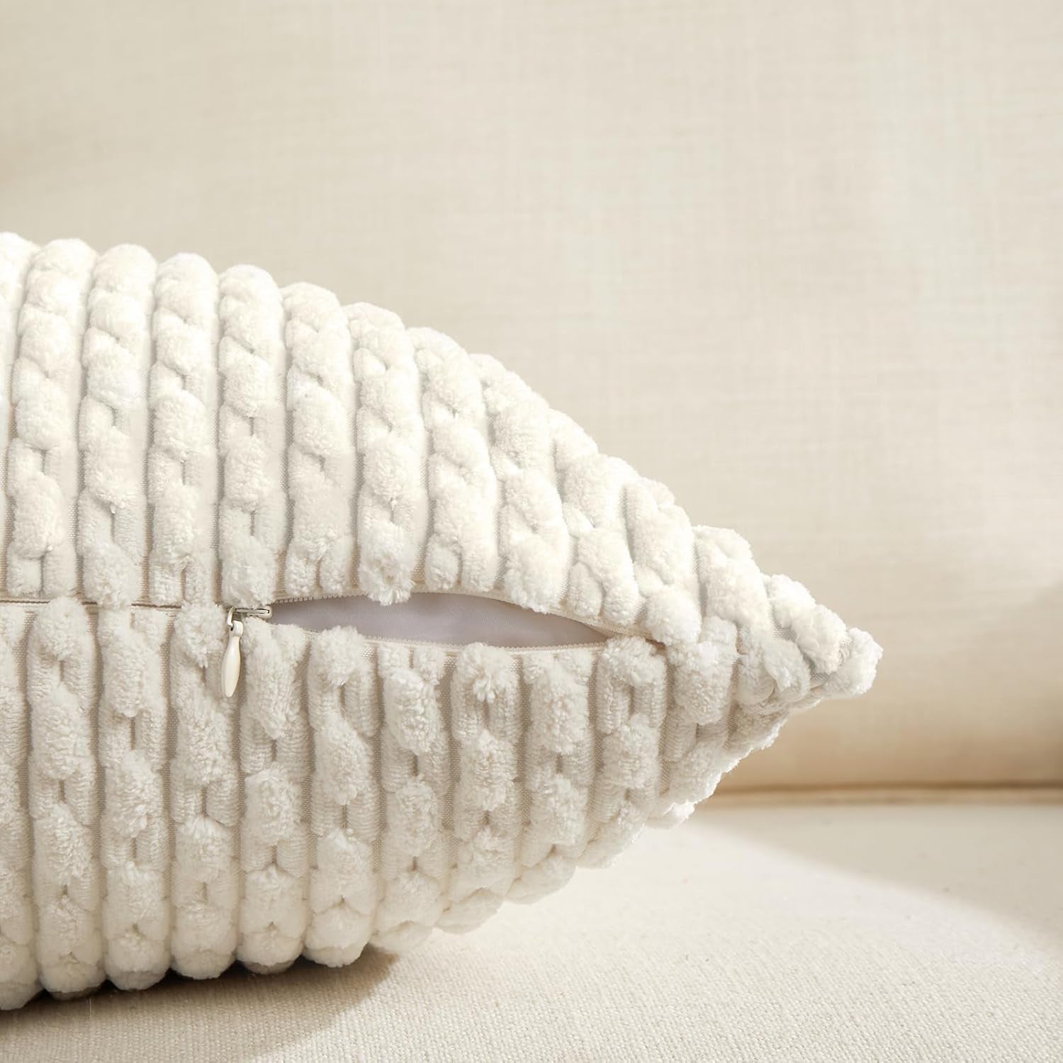 2 Packs Cream Decorative Throw Pillow Covers 12X20 Inch for Couch Bed Sofa, Modern Farmhouse Boho Home Decor, Soft Cute Plush Corduroy Cushion Case 30X50 CM