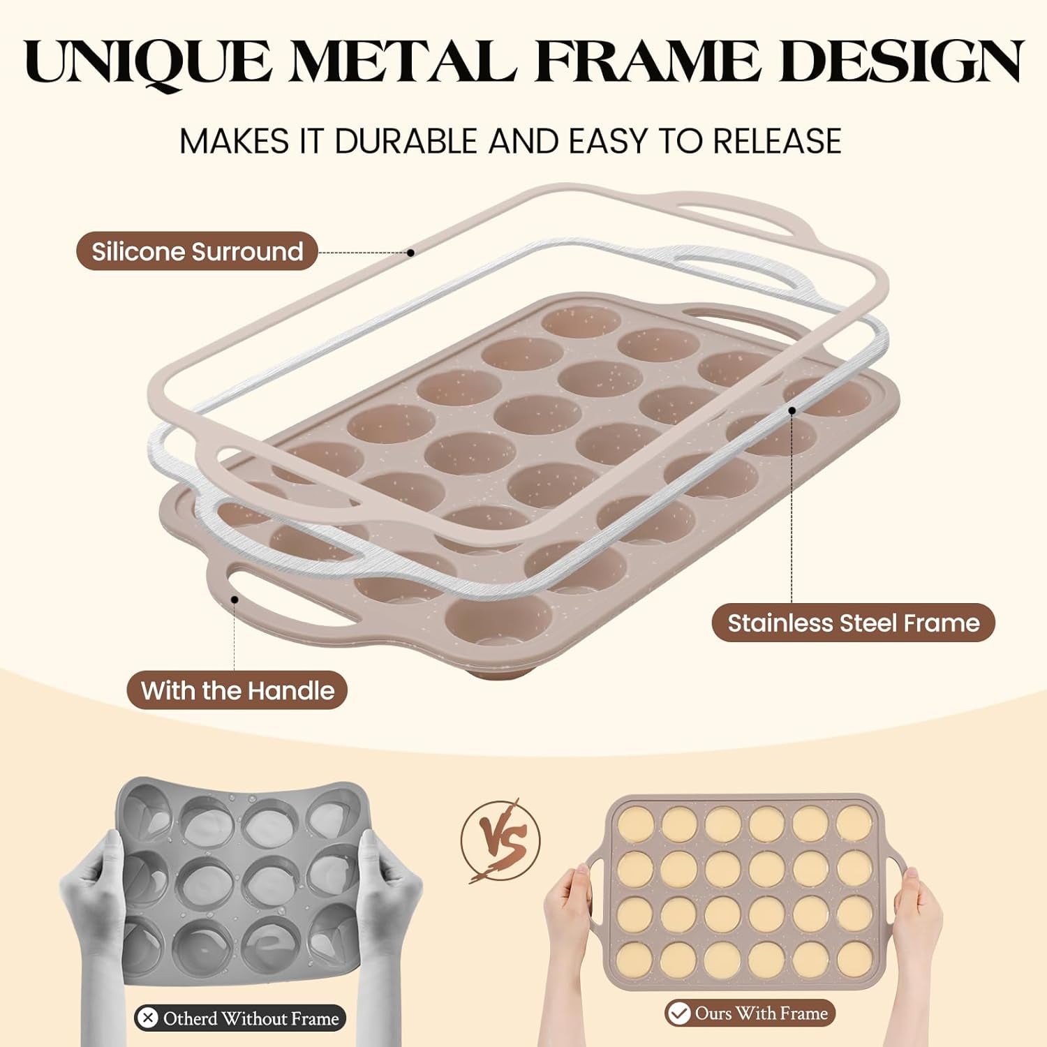 Mini Silicone Muffin Pans for Baking with Metal Reinforced Frame, 24 Cups Brown Regular Size Nonstick Cupcake Pan, BPA Free Oven Dishwasher Safe Baking Mold for Muffins Cupcakes